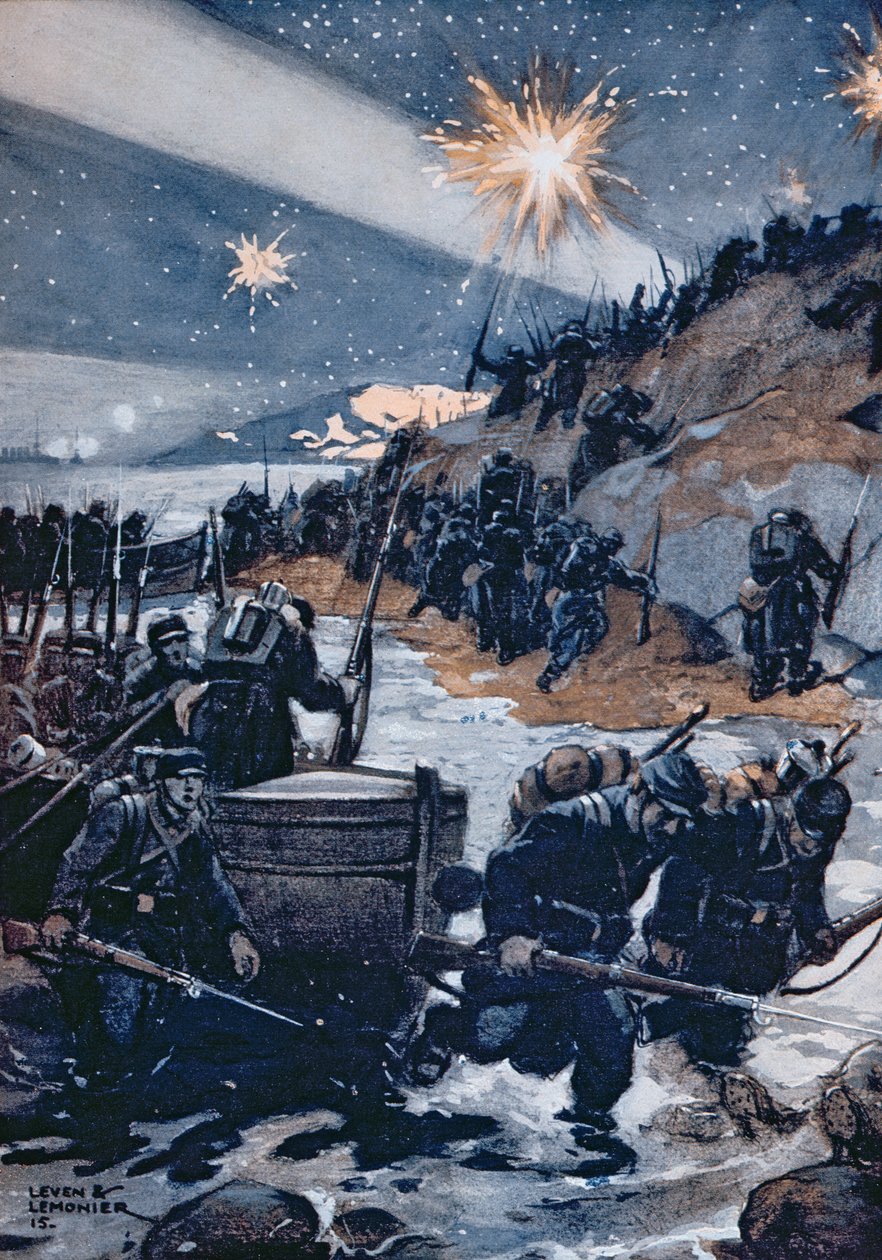 Noční přistání v Dardanelách, ilustrace z „Les Pays de France“, 1915 od Leven and Lemonier