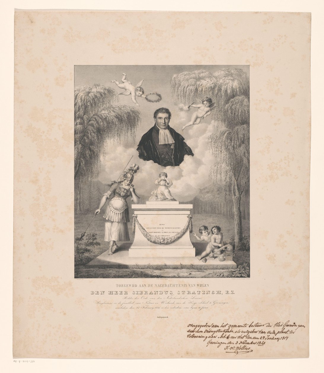 Portrét Sibrandus Stratingh Věnováno památce zesnulého pana Sibranduse Stratingha, E.Z. (název na objektu) od Levi Michiel Bendix