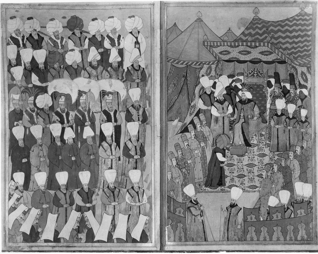 Sultan Ahmed III. Rozdává peníze před bagdádským kioskem během obřadů obřízky, z „Livre de Rejouissances“ od Vehbiho, kolem roku 1720 od Levni