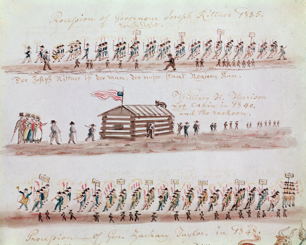 Tři náčrty zobrazující události v americké historii od Lewis Miller