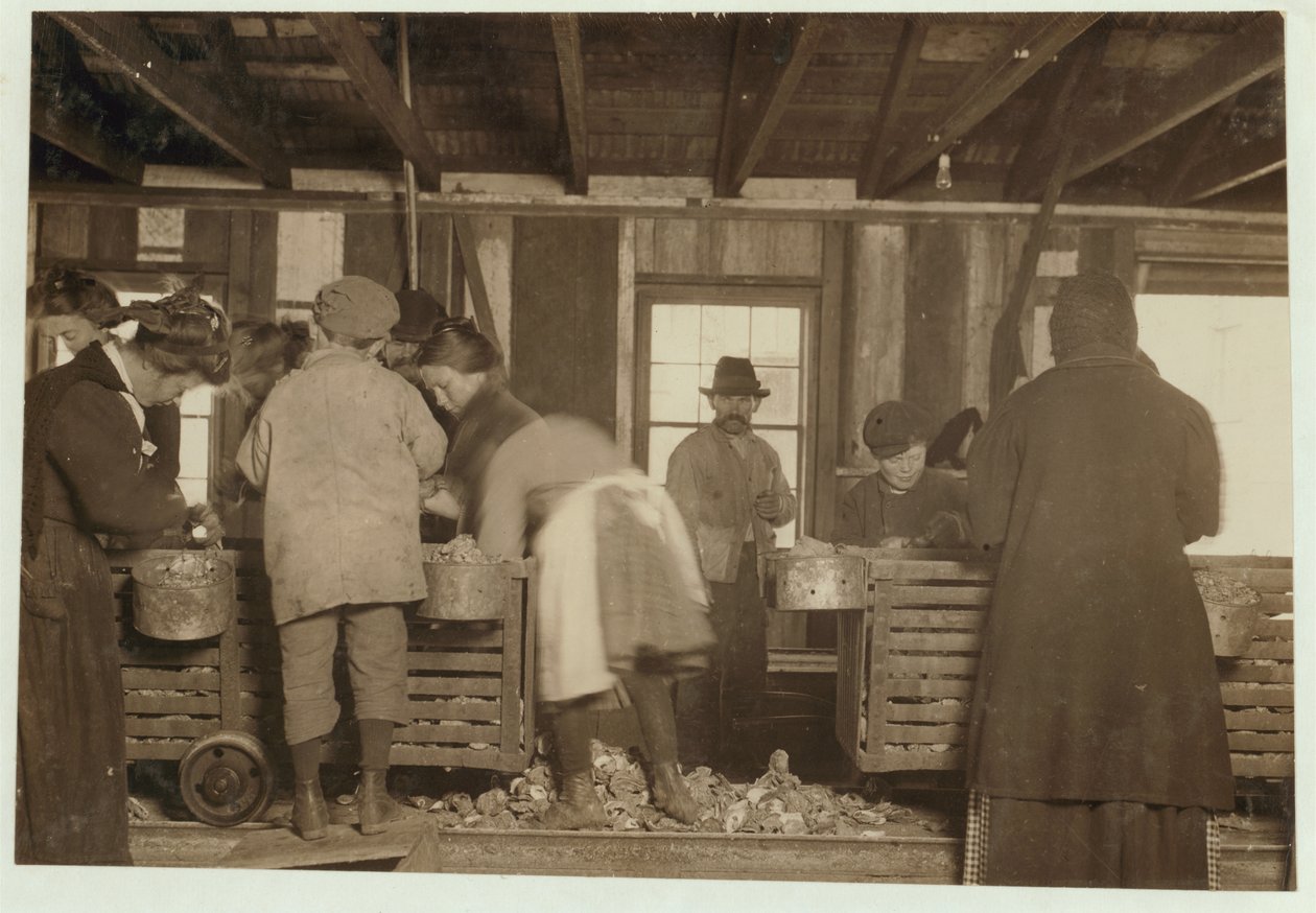10letý Mike Murphy, 7letá Annie Healy a 10letý Ross Healy (který pracuje 2 roky) v boudě v Alabama Canning Co, Bayou La Batre, Alabama, 1911 od Lewis Wickes Hine