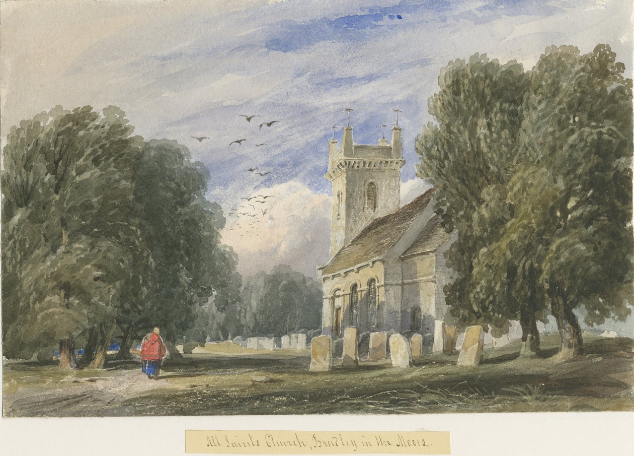 Bradley-in-the-Moors Church: malba akvarelem a [c 1830-1840] od Lewis John Wood