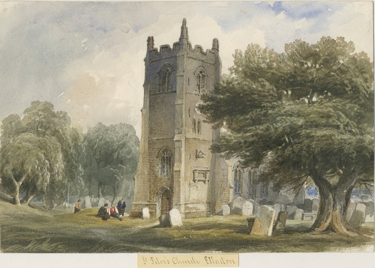 Ellastone Church: malba akvarelem a [c 1830-1840] od Lewis John Wood