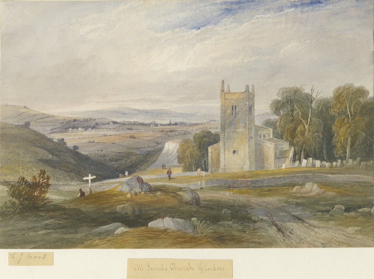 Grindon Church: malba akvarelem a [c 1830-1845] od Lewis John Wood