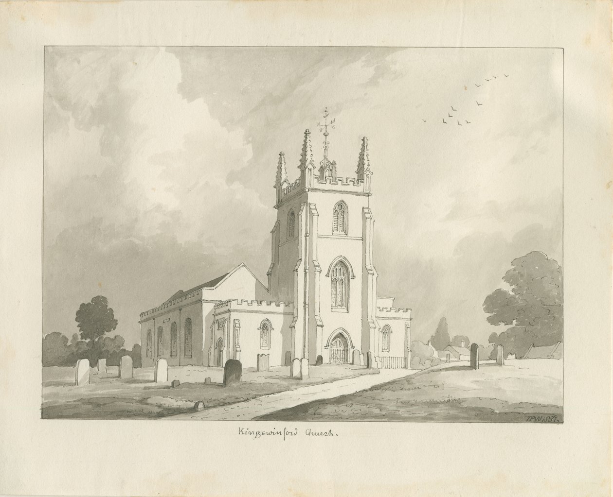 Kingswinford Church: sépiová kresba, 1837 od Lewis John Wood