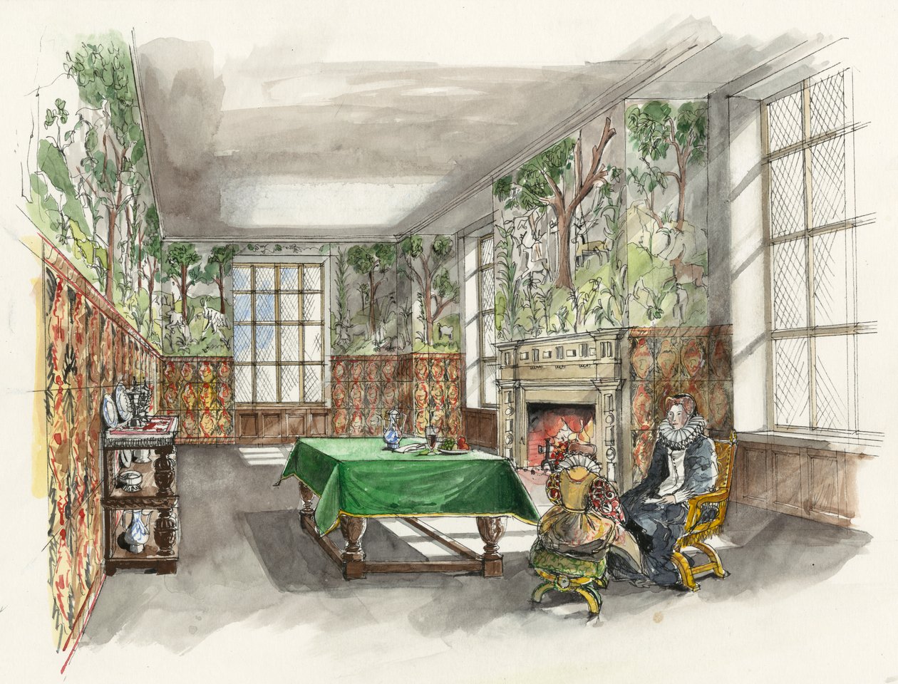Rekonstrukce Velké lesní komory v Hardwick Old Hall z roku 1601 (akvarel na papíře) od Liam Wales
