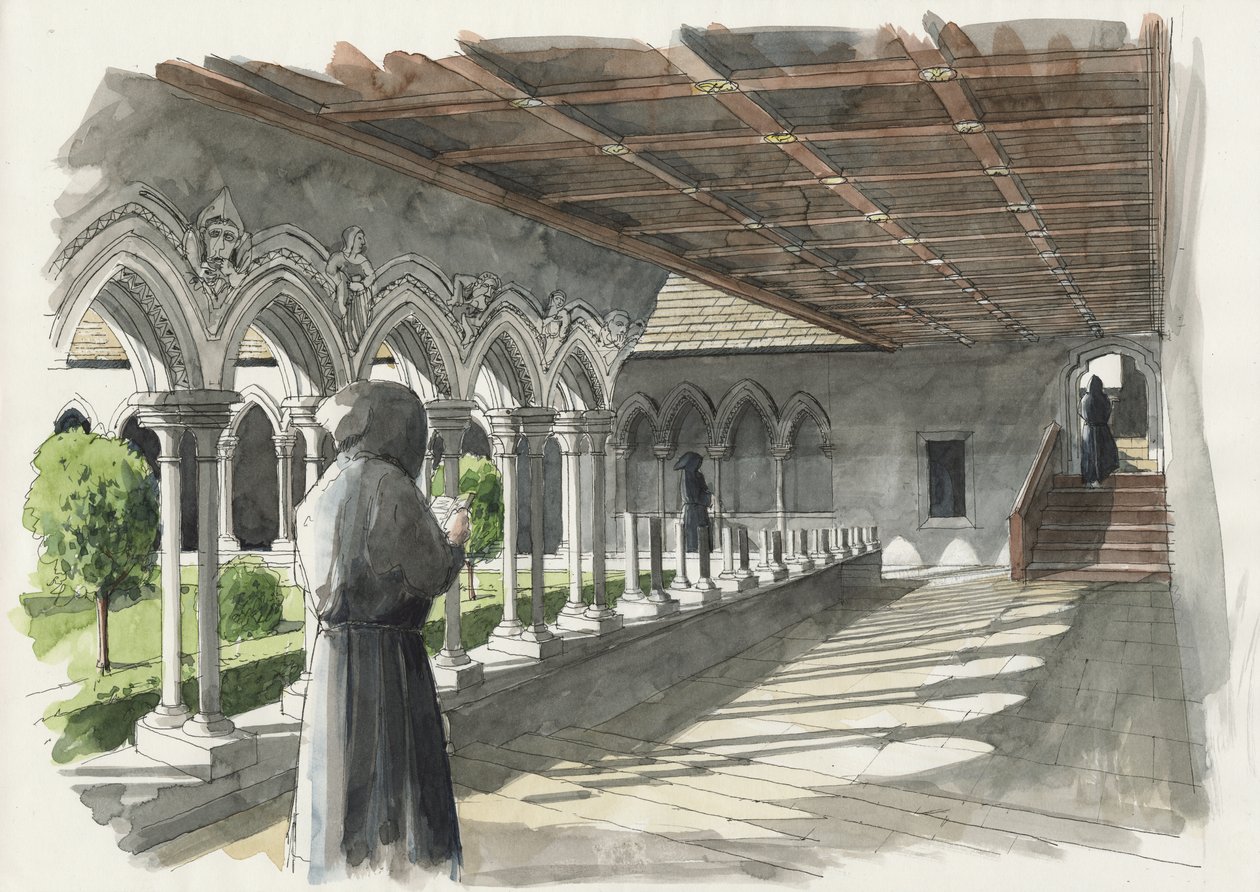 Rekonstrukce kláštera v Lanercost Priory (akvarel na papíře) od Liam Wales