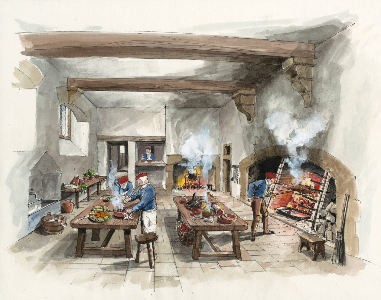 Rekonstrukce kuchyně v Hardwick Old Hall z roku 1601 (akvarel na papíře) od Liam Wales