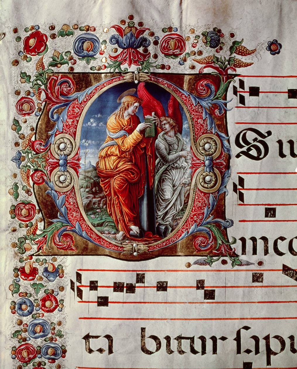 Zvěstování, historizovaná iniciála O, detail stránky z antifonáře, asi 1473-79 od Liberale da Verona