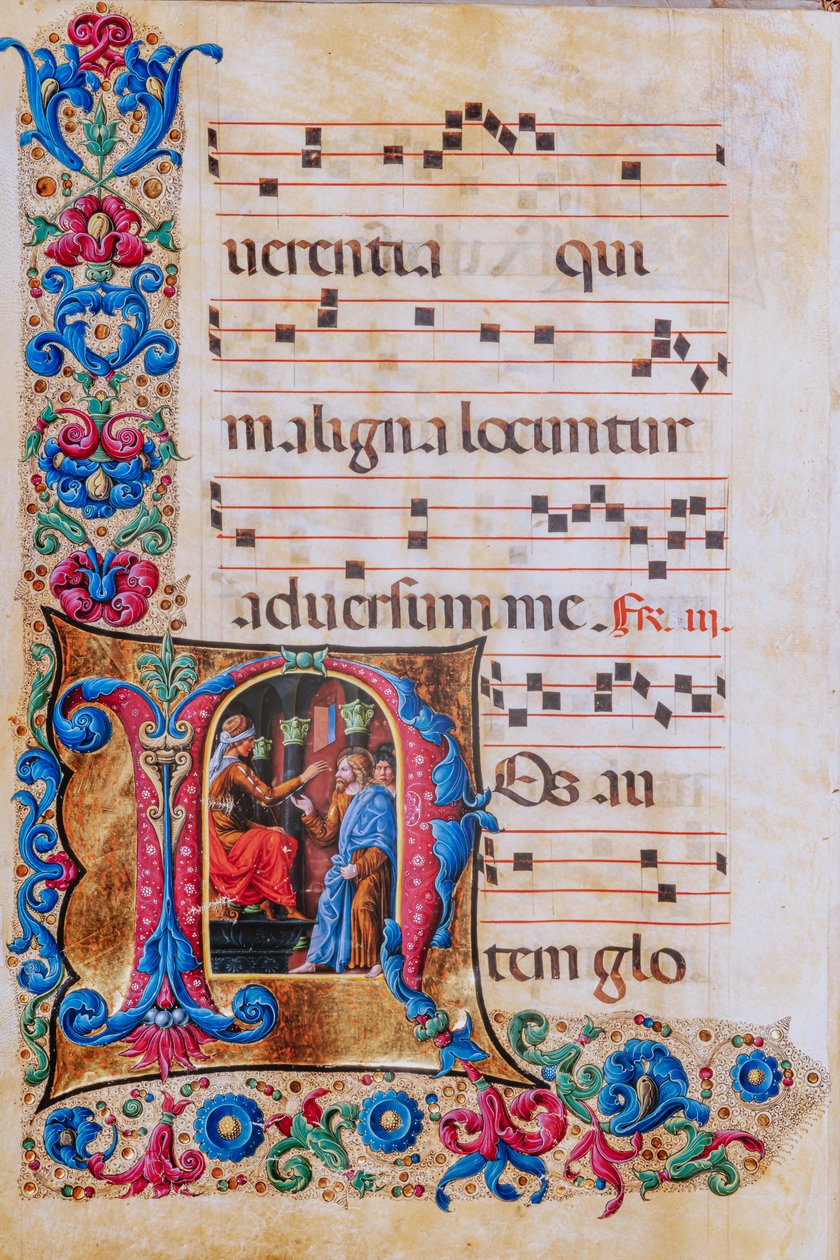 Knihovna Piccolomini: sborová kniha, treska. 22,7, násl. 22v s „Kristem před Pilátem“, od Liberale da Verona (asi 1445 - 1527/9). od Liberale da Verona