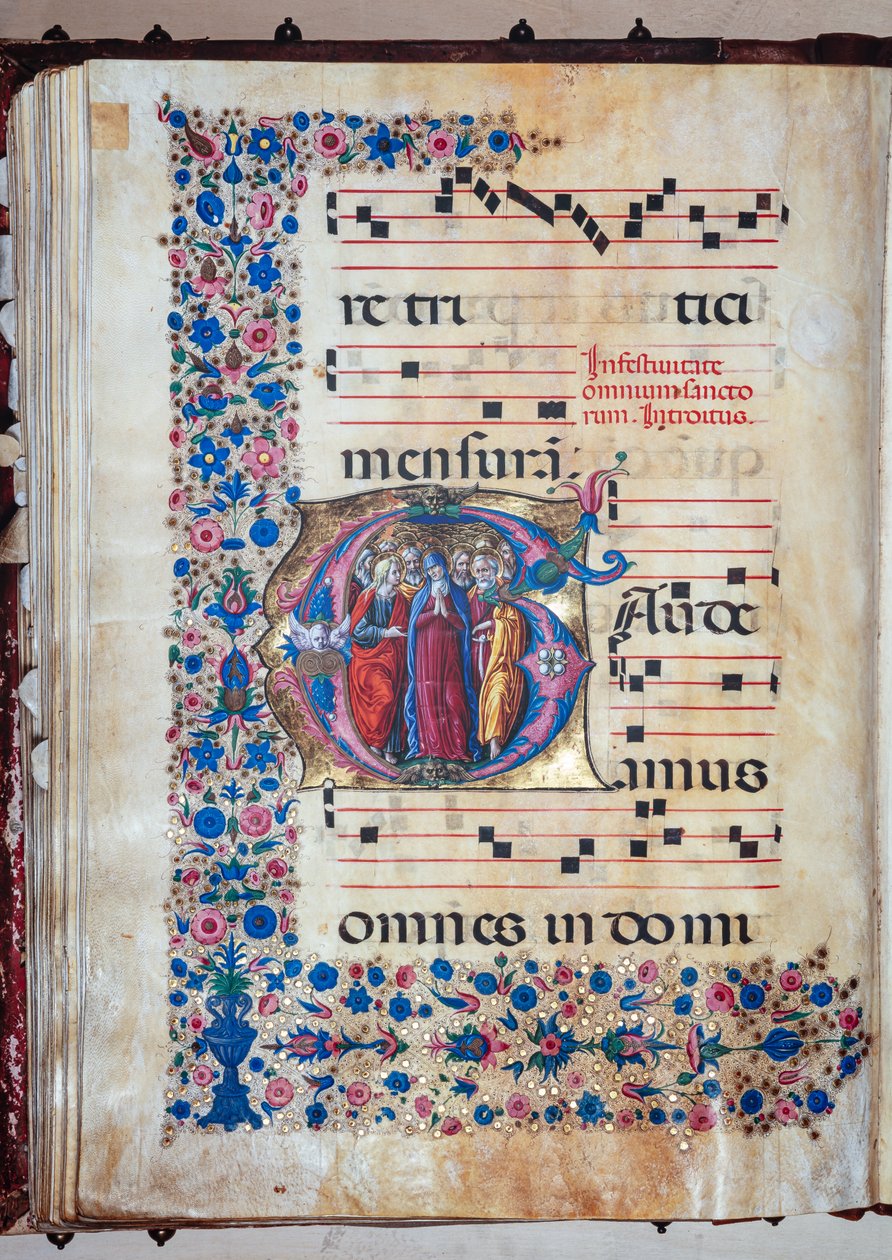 Knihovna Piccolomini: sborová kniha, treska. 28.12, násl. 94v s „Pannou a všemi svatými“, od Francesca Rosselliho a Liberale da Verona (asi 1445 - 1527/9). od Liberale da Verona