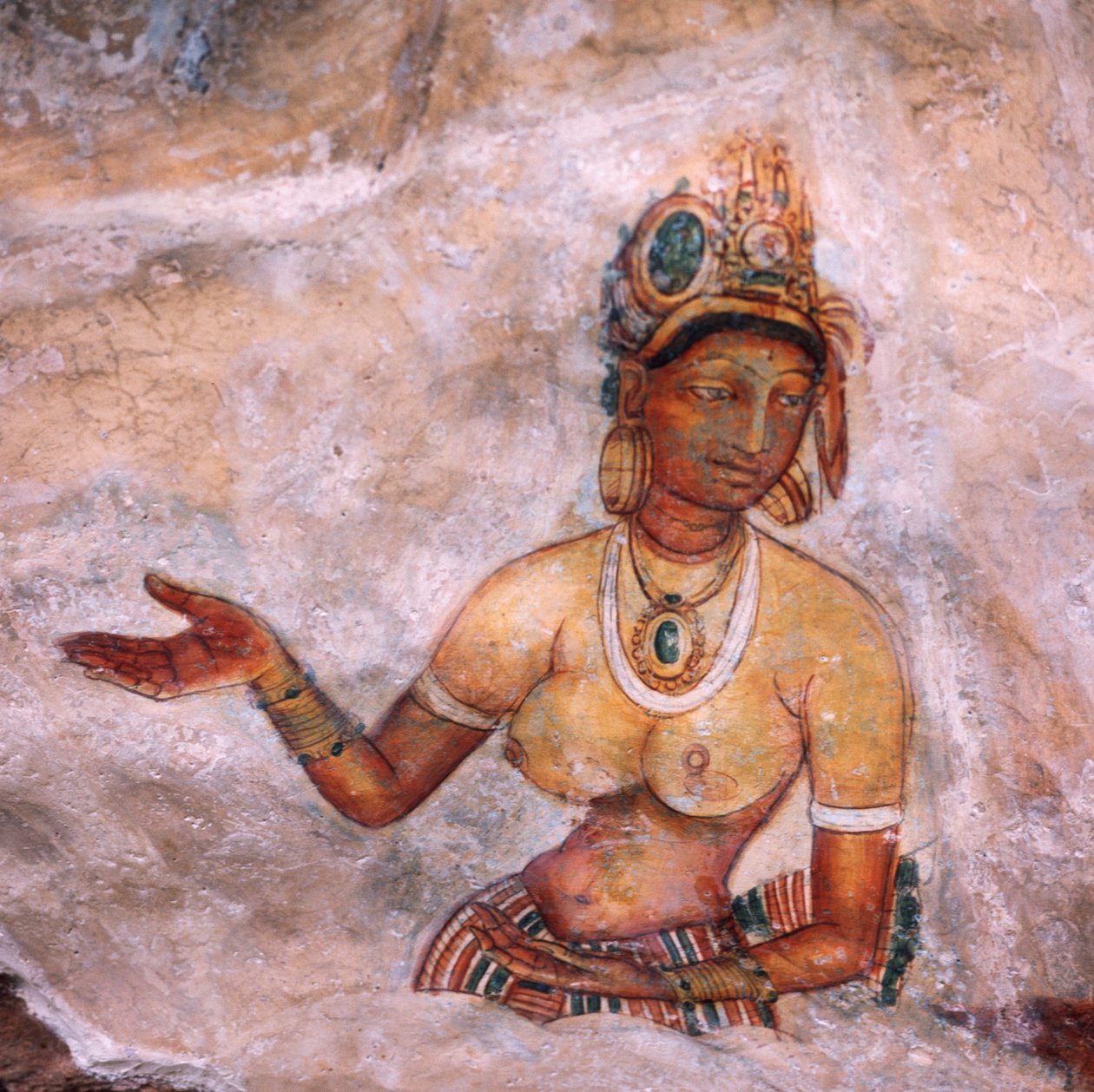 Apsaras, nebeská nymfa přinášející oběť, freska, opevněná citadela Sigiriya (Seznam světového dědictví UNESCO od Unbekannt Unbekannt