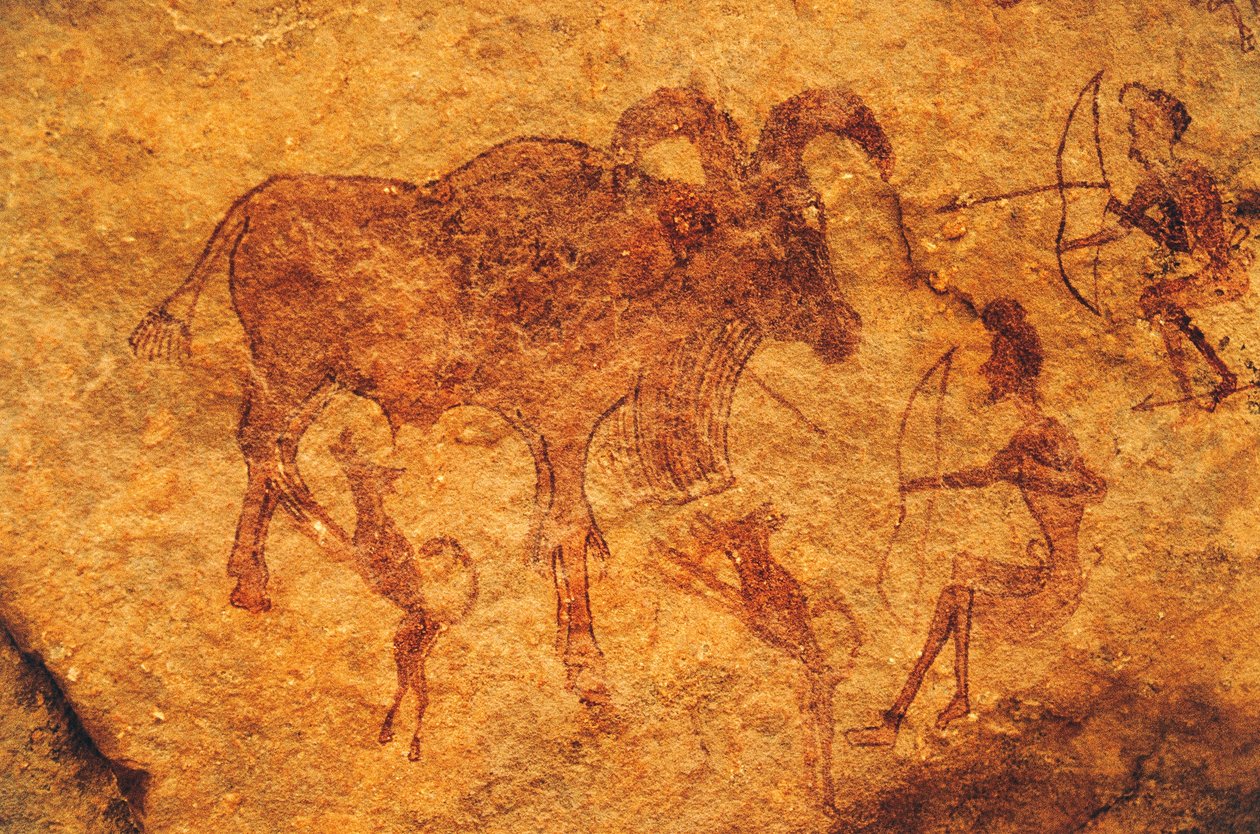 Lukostřelci, psi a kopytníky, jeskynní malba, Tassili n
