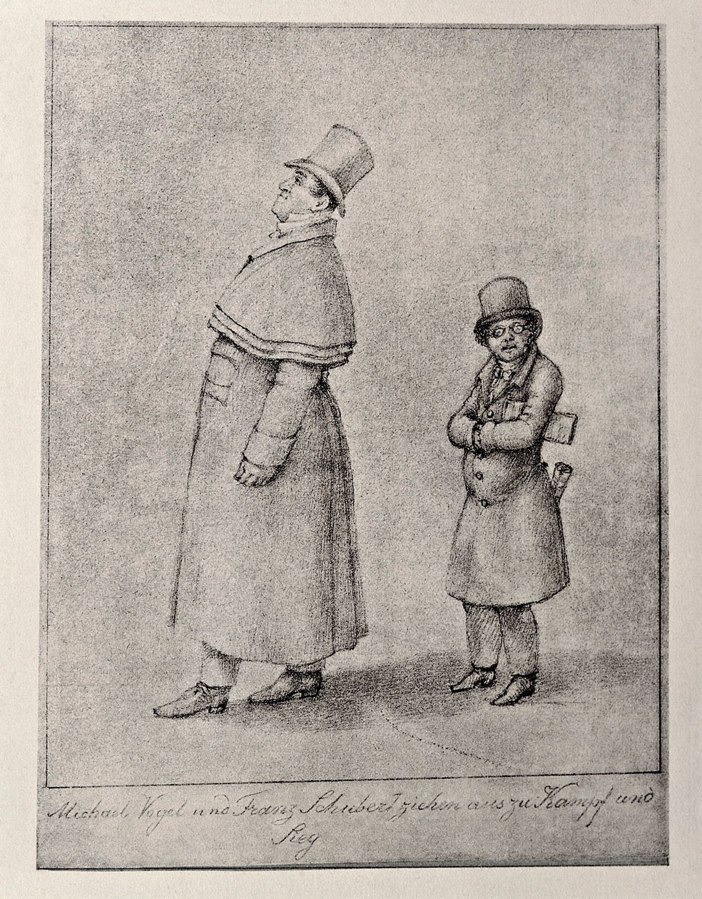 Rakousko, Vídeň, Karikatura rakouského barytonisty Johanna Michaela Vogla a skladatele Franze Petera Schuberta, cca 1825, kresba tužkou od Unbekannt Unbekannt