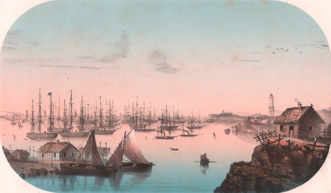 Baltic Fleet v Baro Sund, Finsko, barevná litografie, 29x20 cm, z Episodes de la guerre d