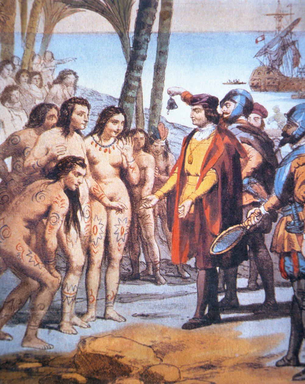 Kryštof Kolumbus přistává v Novém světě v roce 1492 a je vítán indiány Taino (barva litho) od Unbekannt Unbekannt