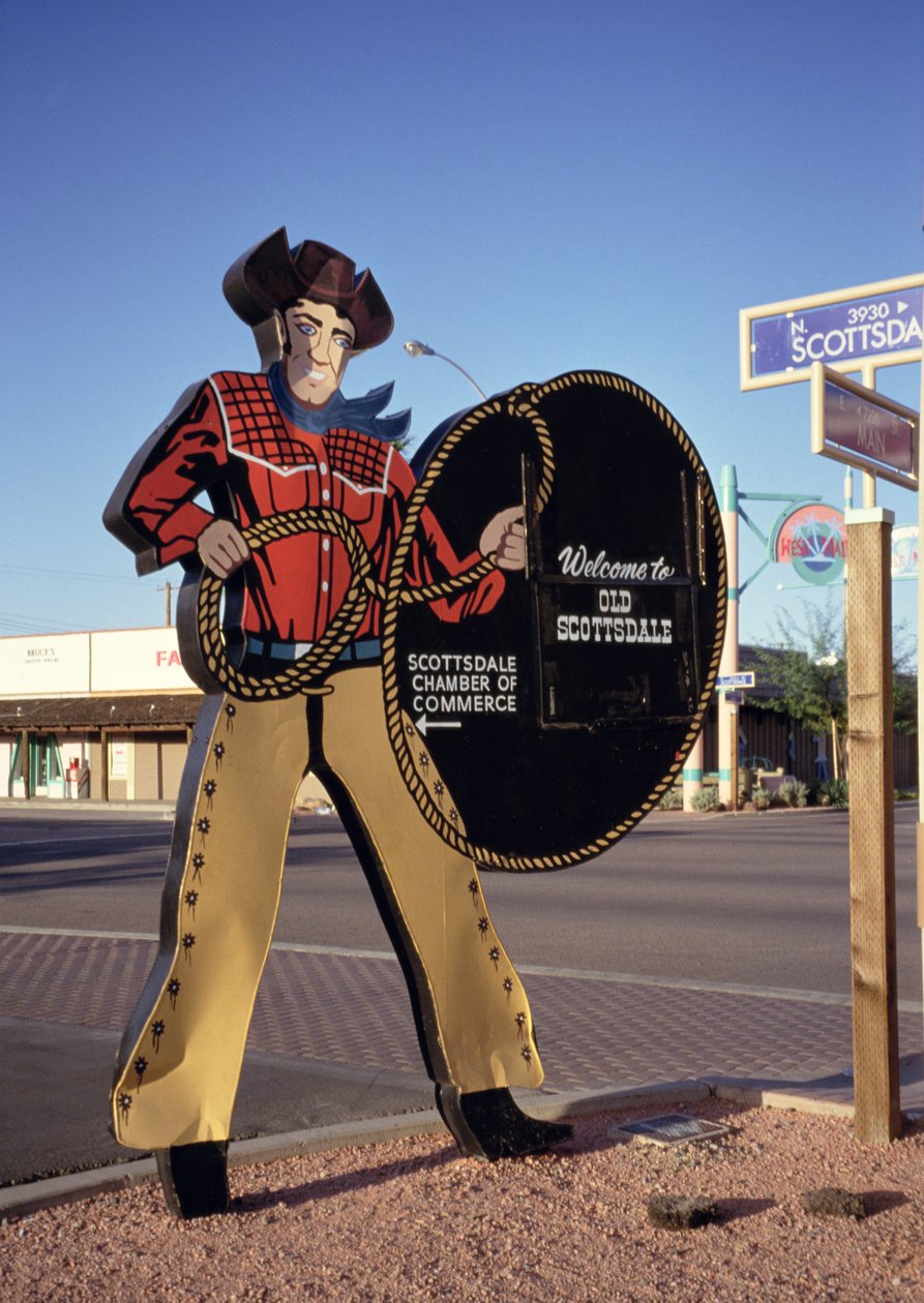 Značka kovbojské postavy vítající turisty ve Scottsdale v Arizoně (foto) od Unbekannt Unbekannt