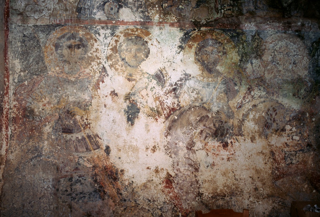 Poškozená freska se svatými, kostel Metamorphosis Sotiros, Voutas, Kréta, Řecko (foto) od Unbekannt Unbekannt