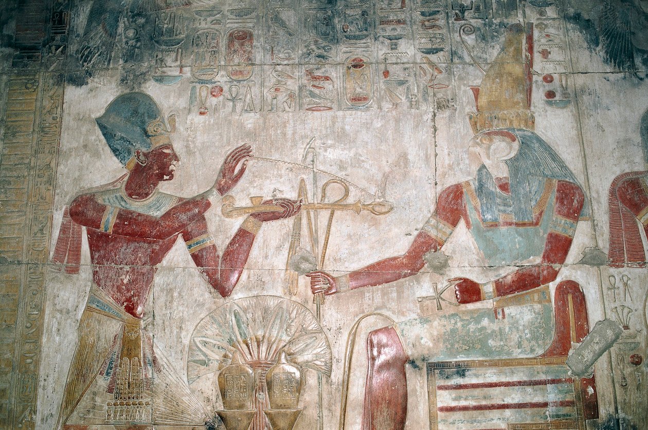 Egypt, Abydos, chrám faraona Setiho I., kaple Osiris. Detail, malovaný reliéf, Nová říše, Dynastie XIX od Unbekannt Unbekannt