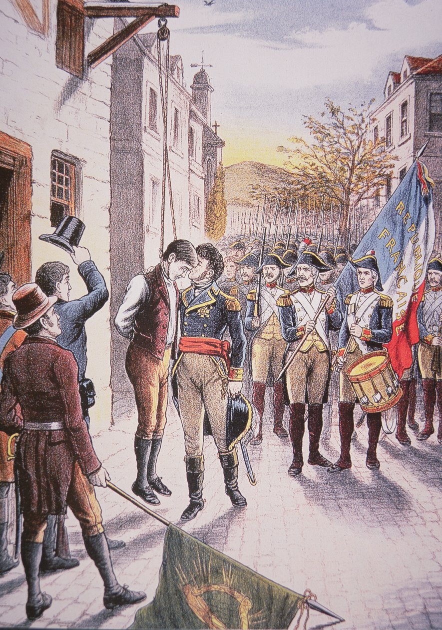 Francouzský generál Jean Sarrazin líbá oběšeného irského rebela Patricka Walshe (barevně lito) od Unbekannt Unbekannt