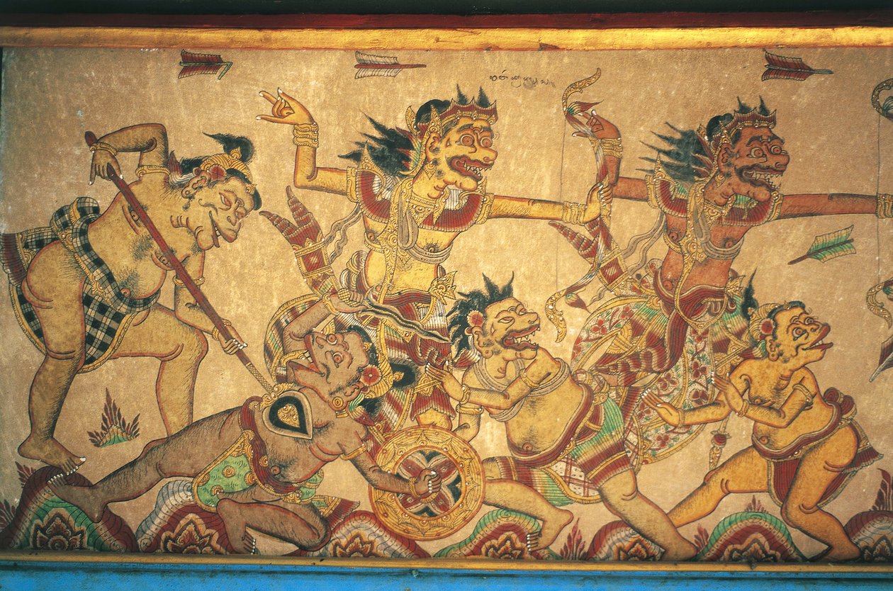 Fresky zobrazující scény bitev mezi bohy a démony, pavilon Kertha Gosa, palác Klungkung (Puri Agung Semarapura), Semarapura, Bali, Indonésie od Unbekannt Unbekannt