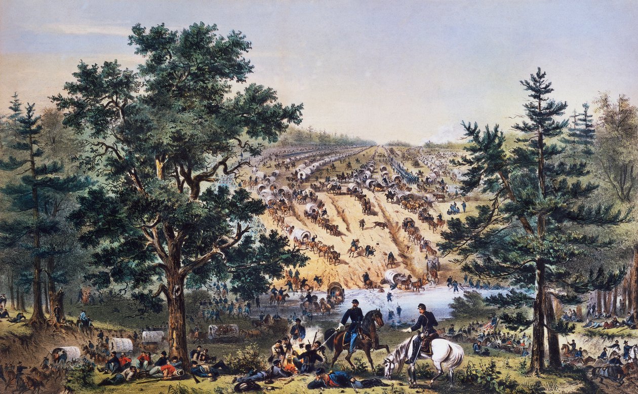 Ústup George Brintona McClellan, brod Bear Creek, armáda Potomac, červenec 1862, kresba John Badger Bachelder, rytina Bufford, Americká občanská válka, USA od Unbekannt Unbekannt