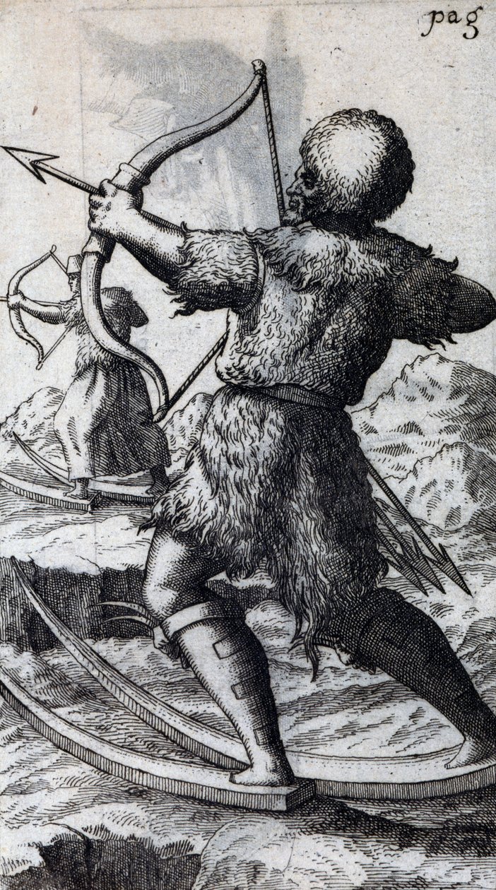 Lovec s lukem a šípem na krátkých lyžích, ilustrace z De Calceo Antiquo, od B Balduinus od Unbekannt Unbekannt