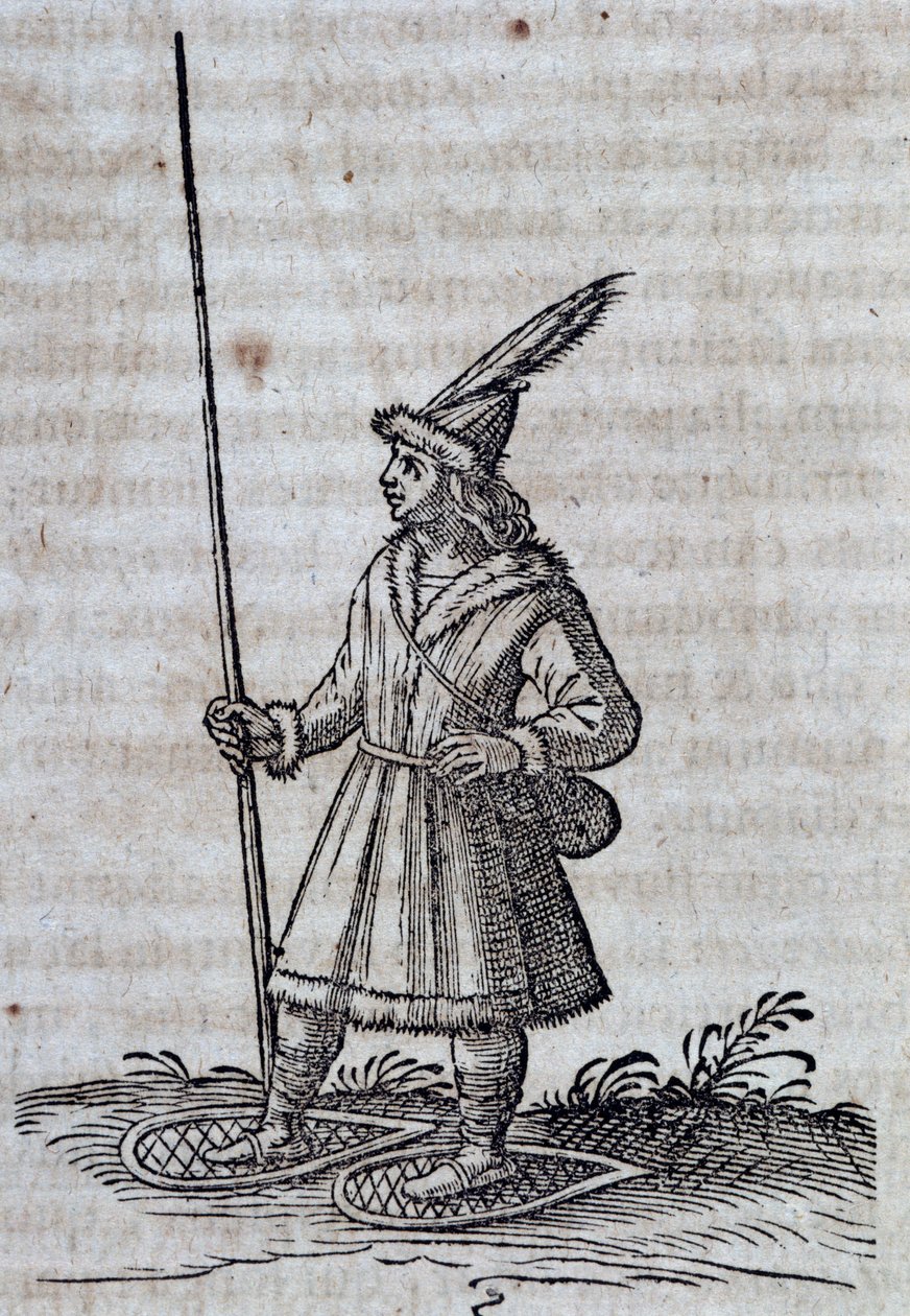 Obyvatel Kanady (Francie Canadienne) se sněžnicemi, ilustrace z Description de la Nouvelle France od Unbekannt Unbekannt