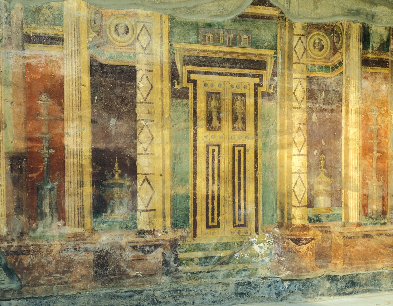 Itálie, Kampánie, Oplonti, archeologická oblast Torre Annunziata, římská vila Poppaea, velký sál, freska se sloupy ve druhém pompejském stylu od Unbekannt Unbekannt
