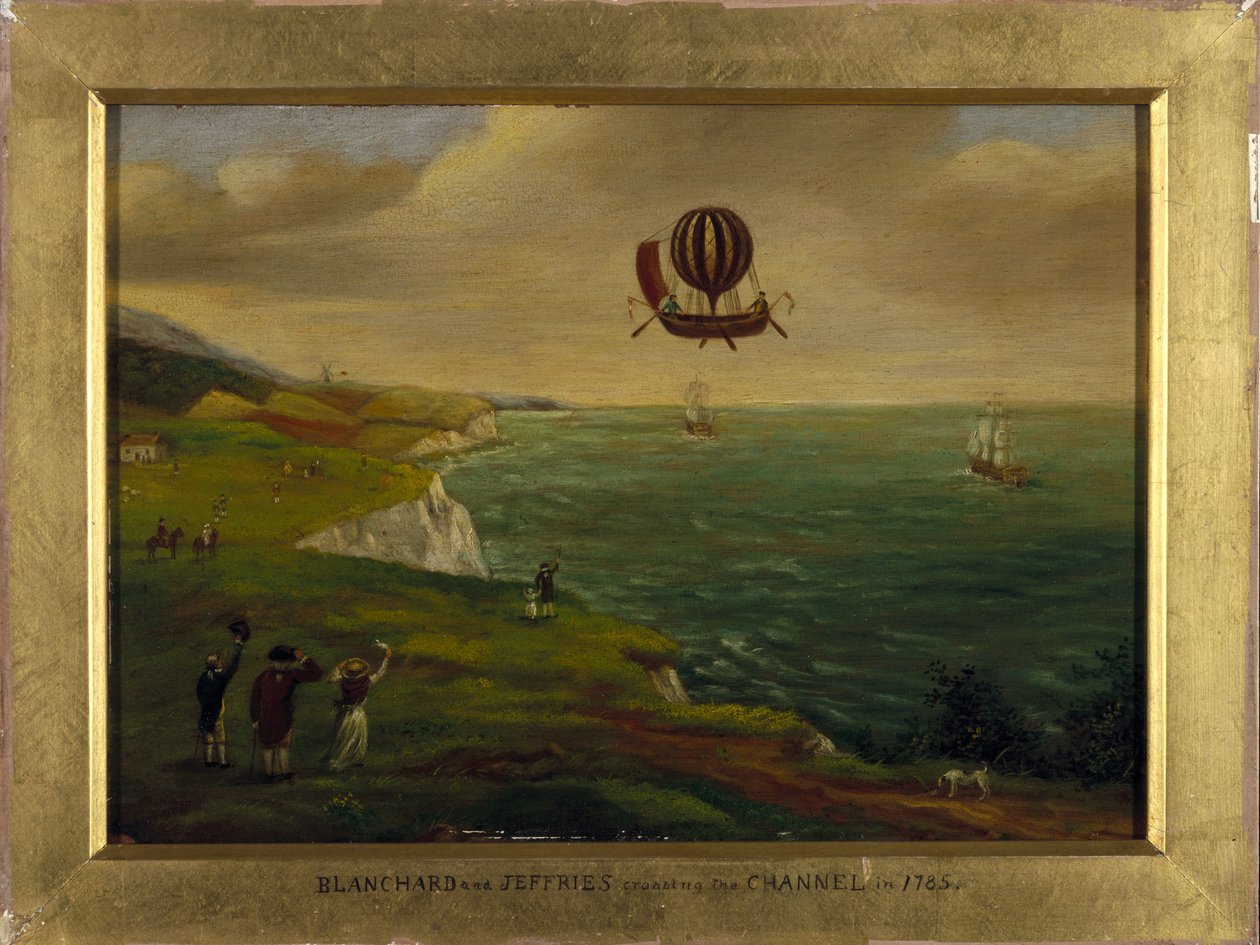 Vynálezce Jean Pierre (Jean-Pierre) Blanchard (1753-1809) a americký vědec John Jeffries (Jefferies nebo Gefferies) (1744-1819) přelétají Lamanšský průliv v létajícím stroji připomínajícím člun vybavený horkovzdušným balónem 7/01 /1785 od Unbekannt Unbekannt
