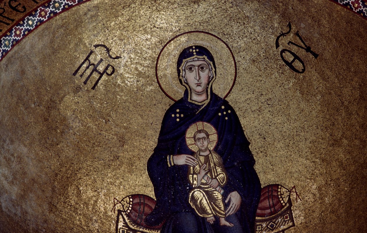 Mozaika Panny Marie zevnitř kláštera Hosios Loukas, Řecko, založeného na počátku 10. od Unbekannt Unbekannt