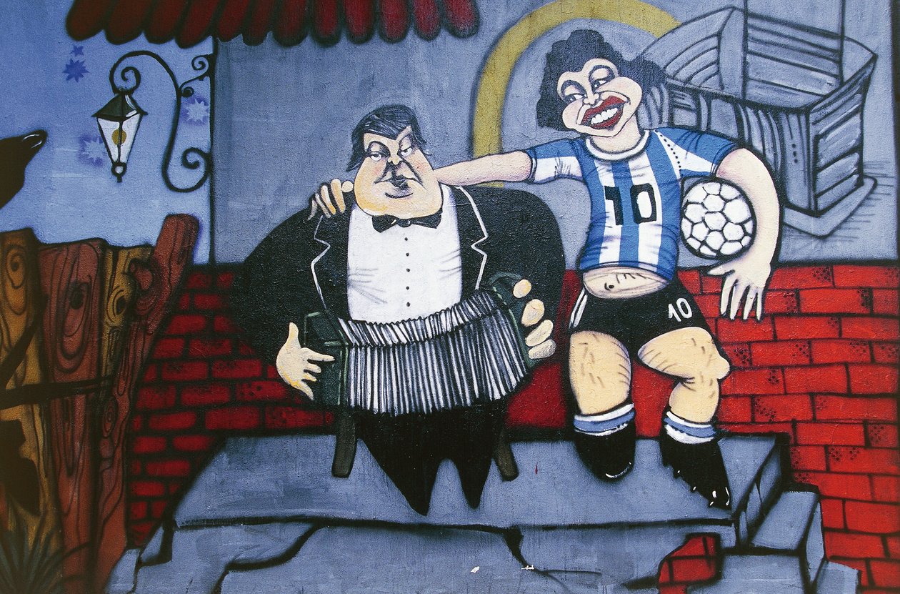 Hudebník Anibal Troilo a fotbalista Diego Maradona, nástěnná malba na stěně uličky Caminito, La Boca, Buenos Aires, Argentina od Unbekannt Unbekannt