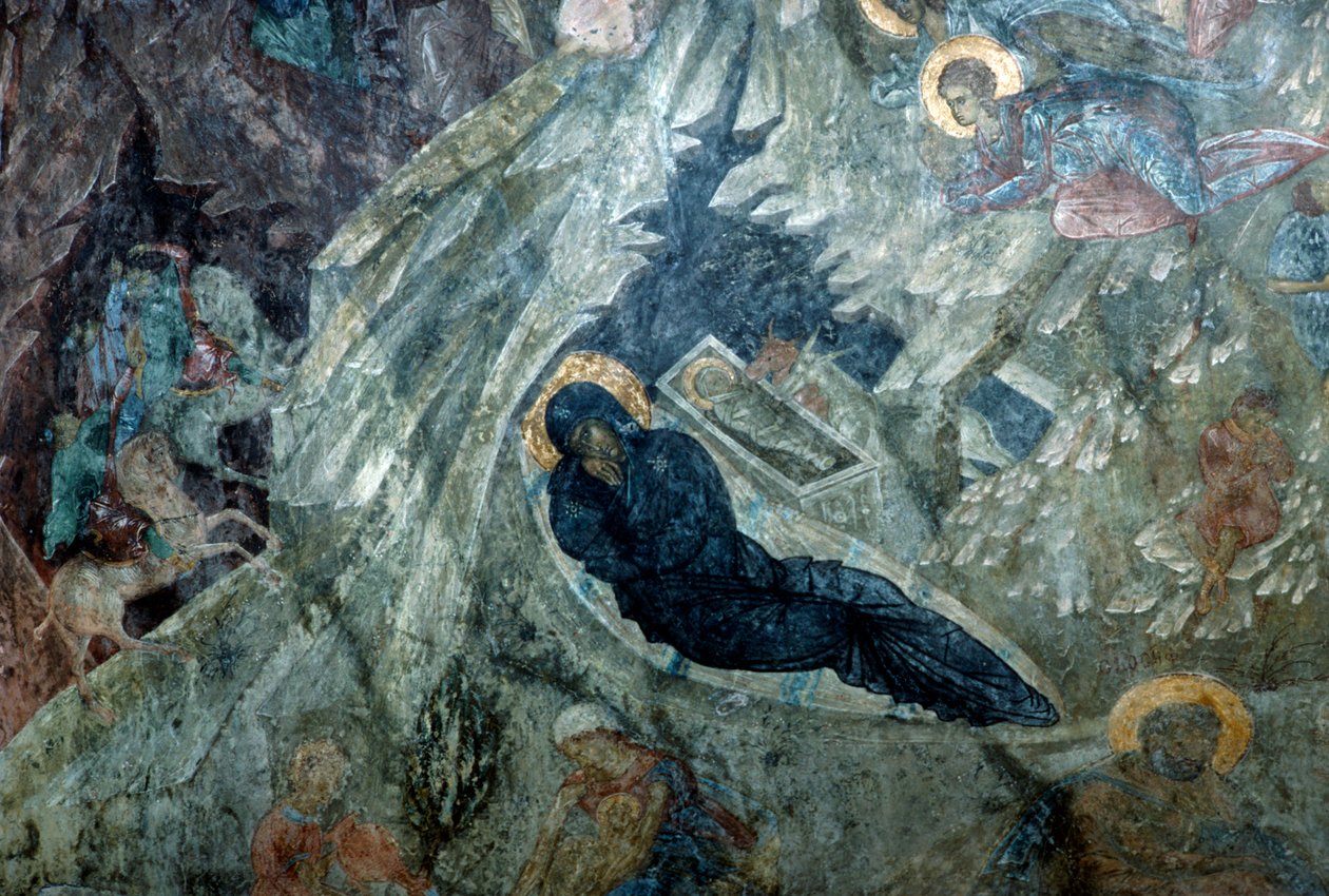 Narození Páně, freska v klášteře Panagia Perivleptos, byzantské město Mystras (Seznam světového dědictví UNESCO od Unbekannt Unbekannt