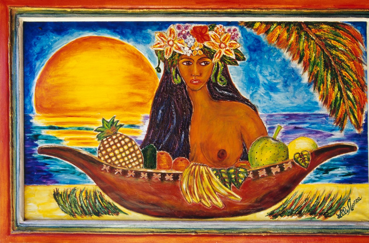 Malované sklo zobrazující polynéskou ženu, ostrov Moorea, Společenské ostrovy, Francouzská Polynésie (zámořské území Francouzské republiky), detail od Unbekannt Unbekannt
