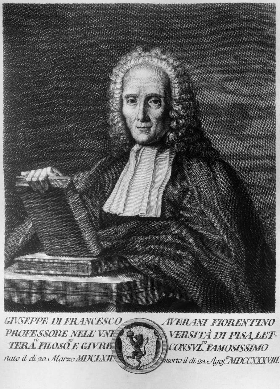 Portrét Giuseppe Averaniho, známého jako Averanus (1662-1738), italského právníka a přírodovědce, lept ze série portrétů slavných toskánských mužů, nakladatelství Allegrini od Unbekannt Unbekannt