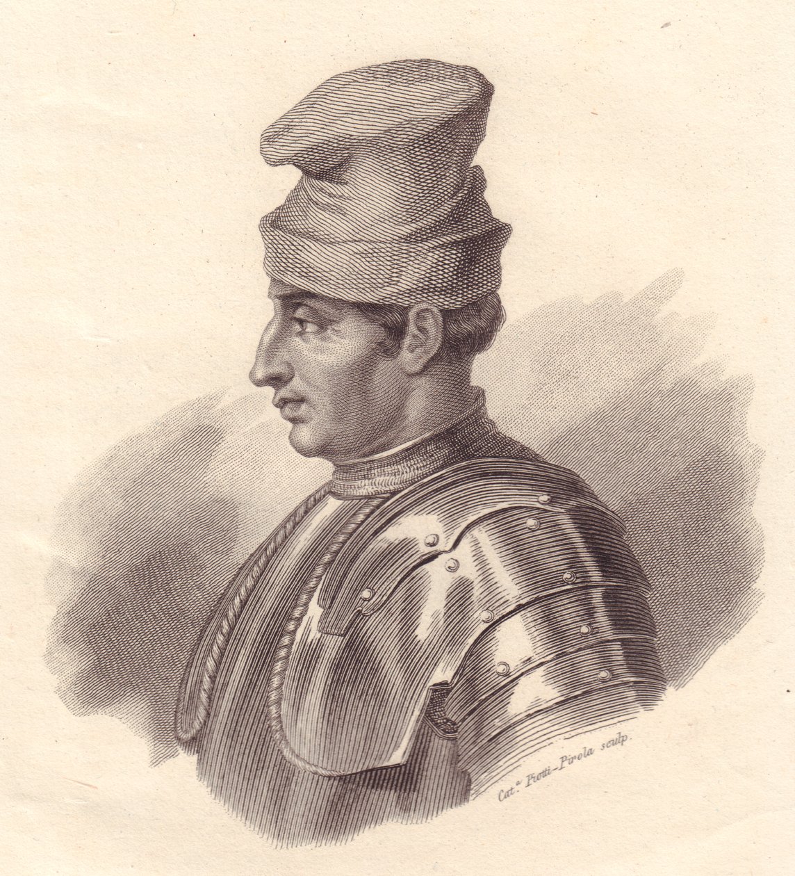 Portrét italského vojevůdce Niccolo Fortebraccio také známého jako della Stella (1389-1435), mědirytina od Caterina Piotti-Pirola od Unbekannt Unbekannt