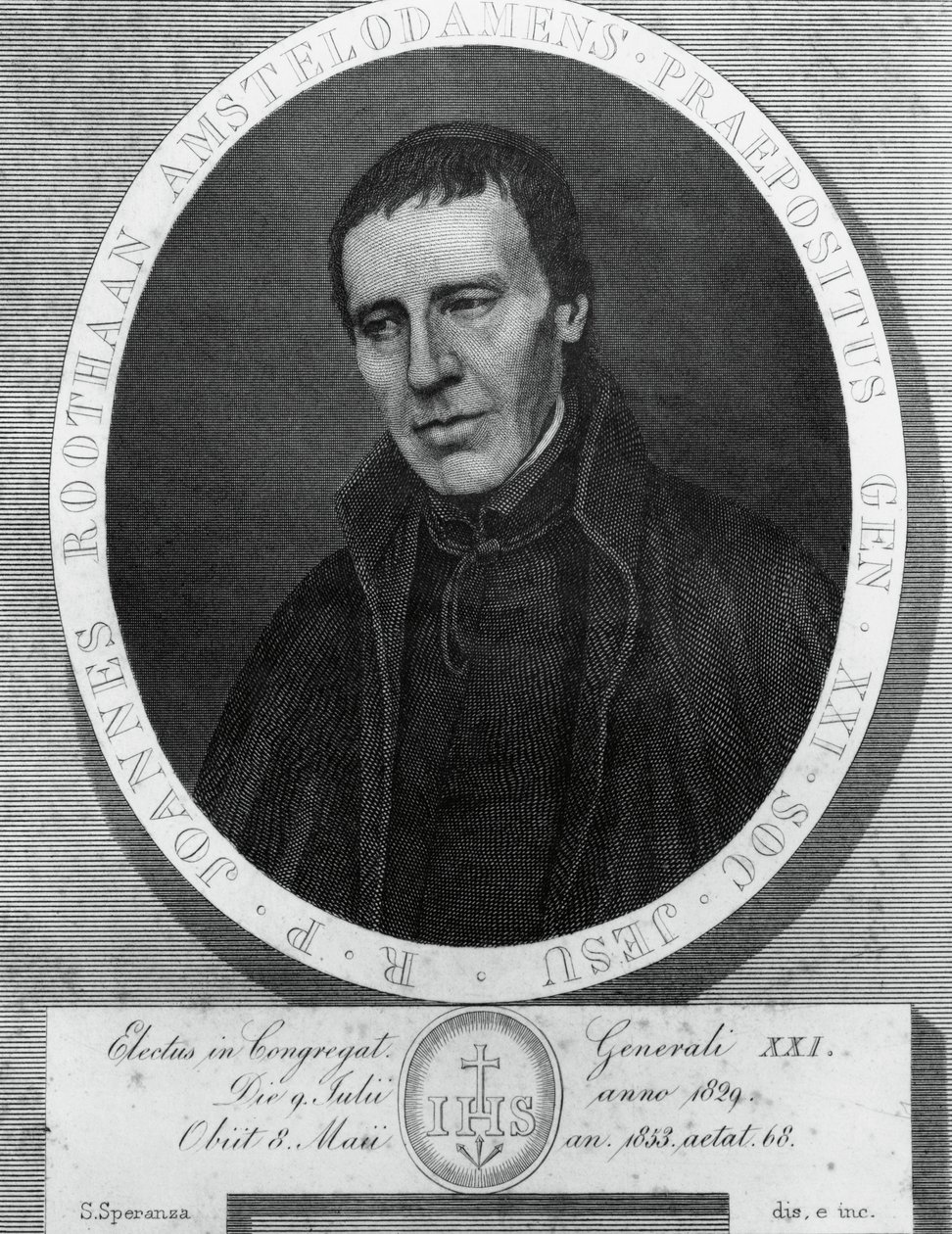 Portrét Jana Philippa Roothaana (1785-1853), holandského jezuity a 21. generálního představeného Tovaryšstva Ježíšova, kresba a rytina Serafino Speranza (1862-1911) po malbě Franse Quartiera od Unbekannt Unbekannt