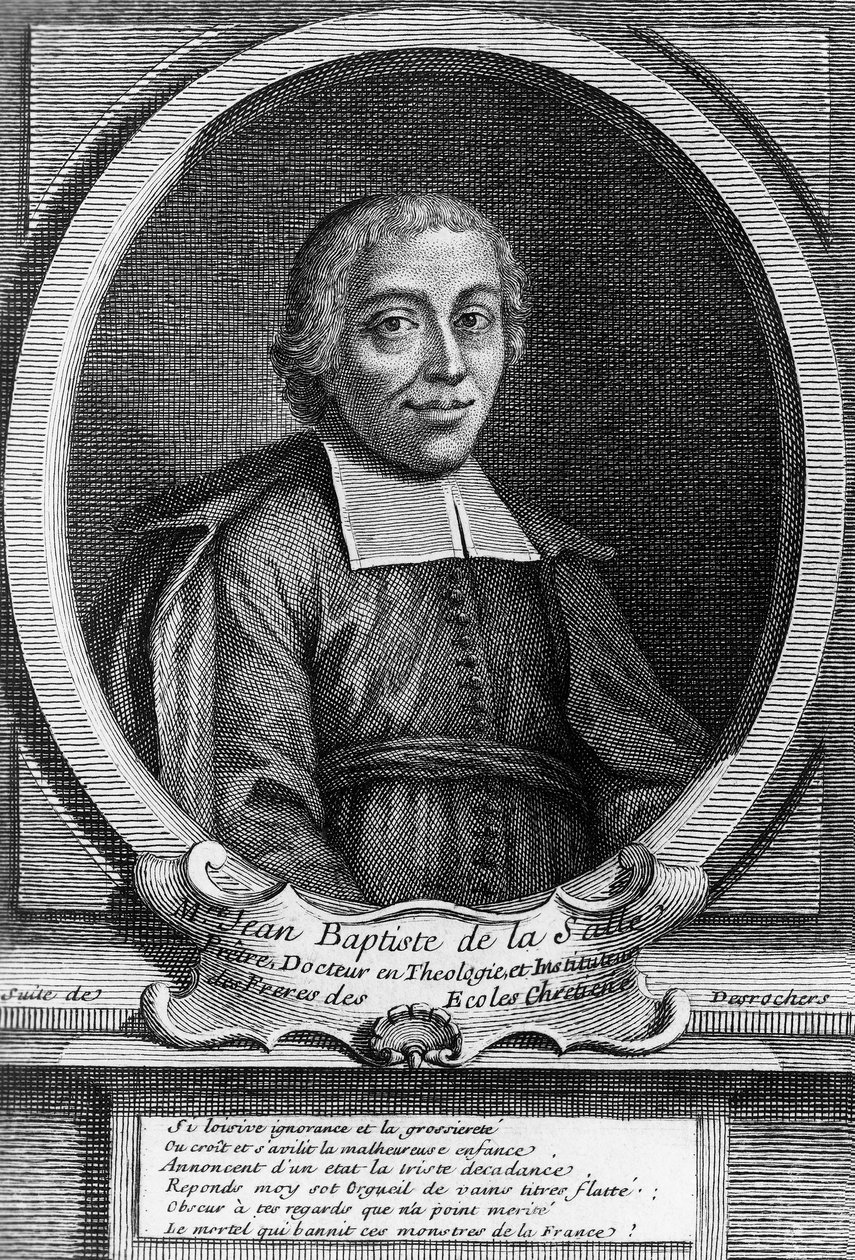 Portrét svatého Jana Křtitele de La Salle (1651-1719), francouzského kněze, vzdělávacího reformátora a zakladatele Institutu bratří křesťanských škol, rytina od Unbekannt Unbekannt