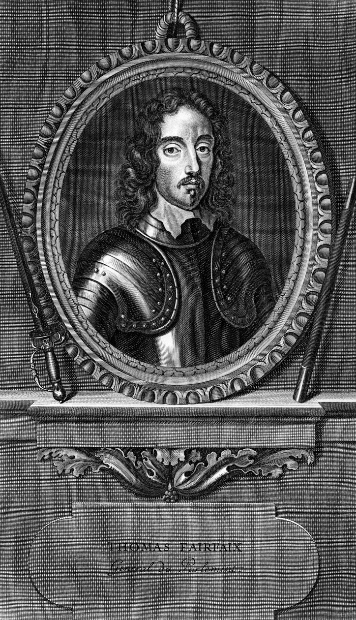 Portrét Thomase Fairfaxe, 3. lorda Fairfaxe z Cameronu (1612-1671), anglického generála a vrchního velitele parlamentu během anglické občanské války, rytina od Unbekannt Unbekannt