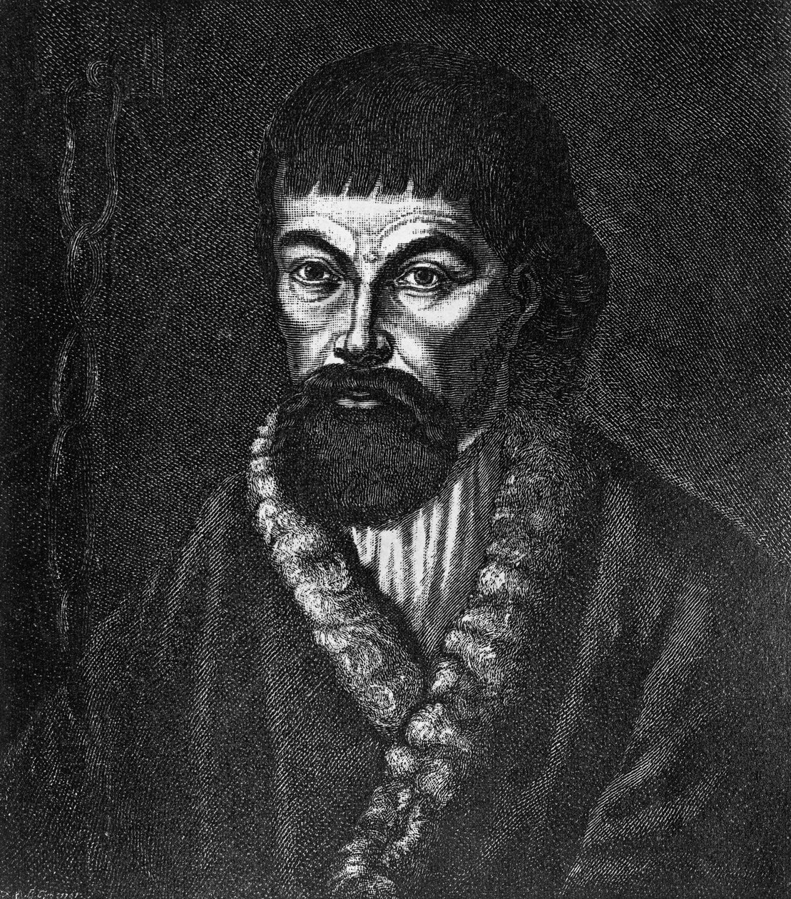 Portrét Jemeljana Ivanoviče Pugachova (asi 1742-1775), vůdce velkého kozáckého a rolnického povstání v Rusku v letech 1773-1774, rytina po olejomalbě od Unbekannt Unbekannt