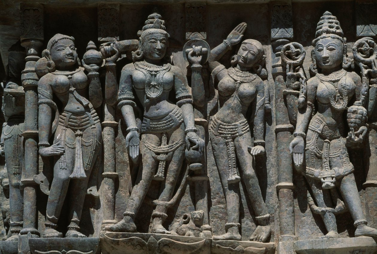 Reliéfní uložení ženských postav, chrám Adeshwara, Vimalavasi Tuk, chrámový komplex na kopci Shatrunjaya, Phalitana, Gujarat, Indie od Unbekannt Unbekannt