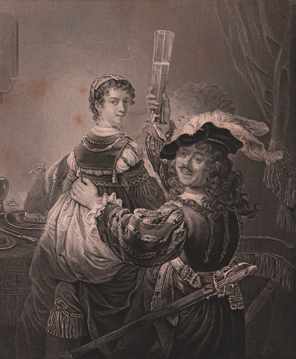 Rembrandt s manželkou Saskiou, rytina H Payne z obrazu Rembrandta, z Payne