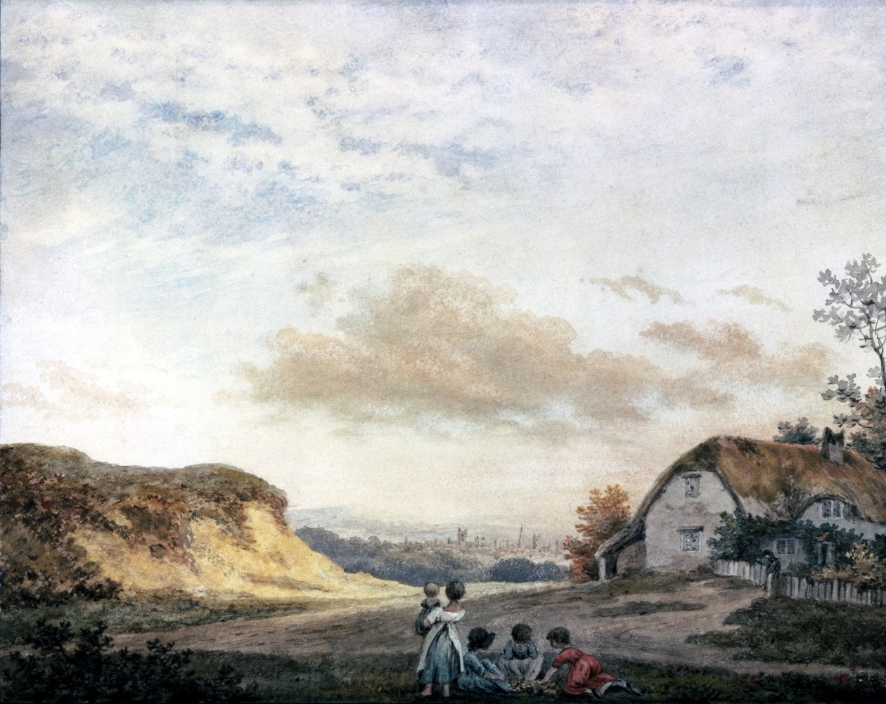 Venkovská krajina od Luka Howarda s dětmi hrajícími si u chalupy, c 1808-1811 od Unbekannt Unbekannt
