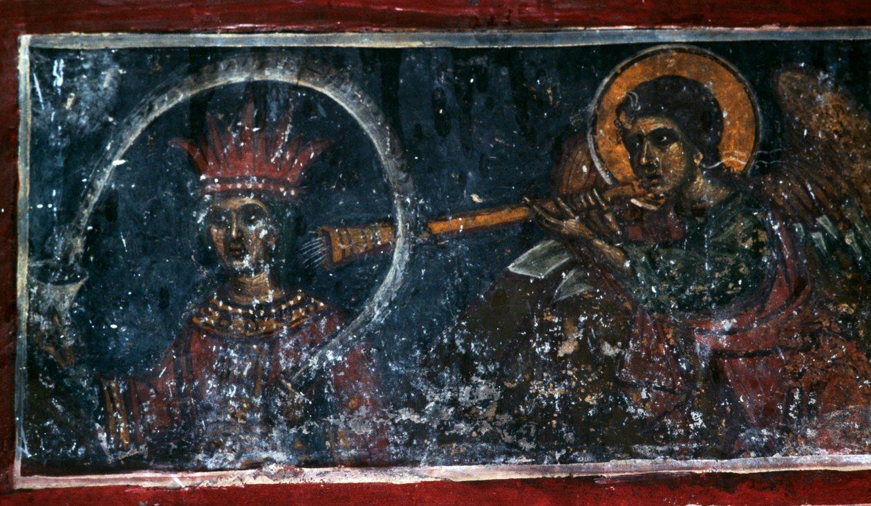 Svatý hrající na lesní roh, freska v kostele Agios Ioannis Prodromos, Margarity, Kréta, Řecko (foto) od Unbekannt Unbekannt