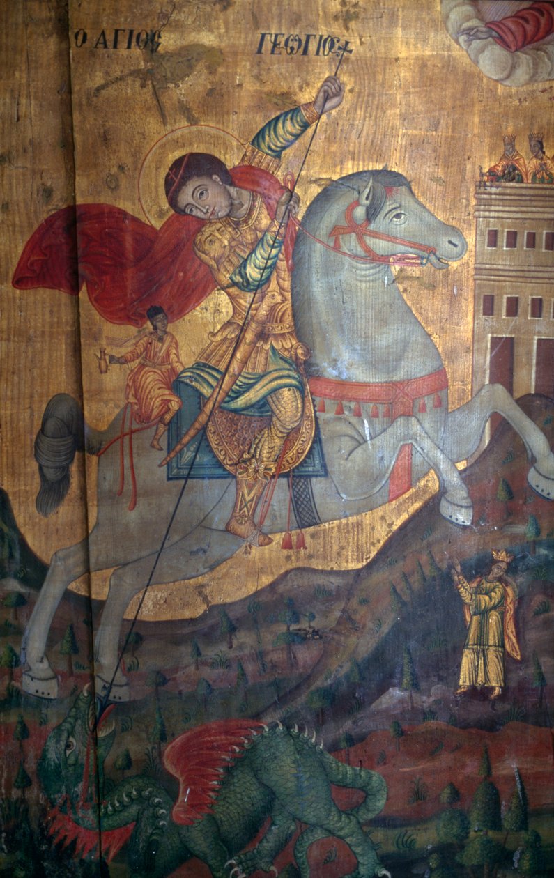 St George and Dragon, detail dřevěného panelu v kostele Agia Paraskevi, Anisaraki, Kréta, Řecko (foto) od Unbekannt Unbekannt