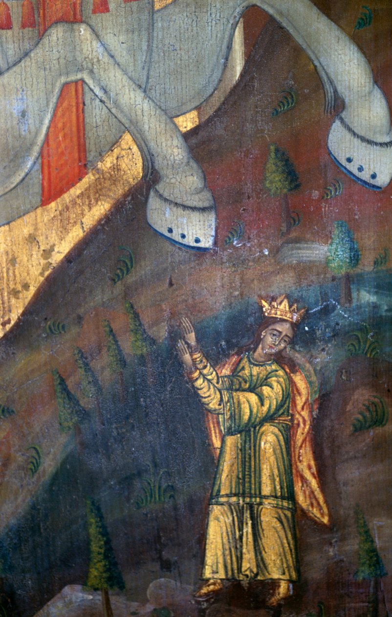 St George and Dragon, detail dřevěného panelu v kostele Agia Paraskevi, Anisaraki, Kréta, Řecko (foto) od Unbekannt Unbekannt