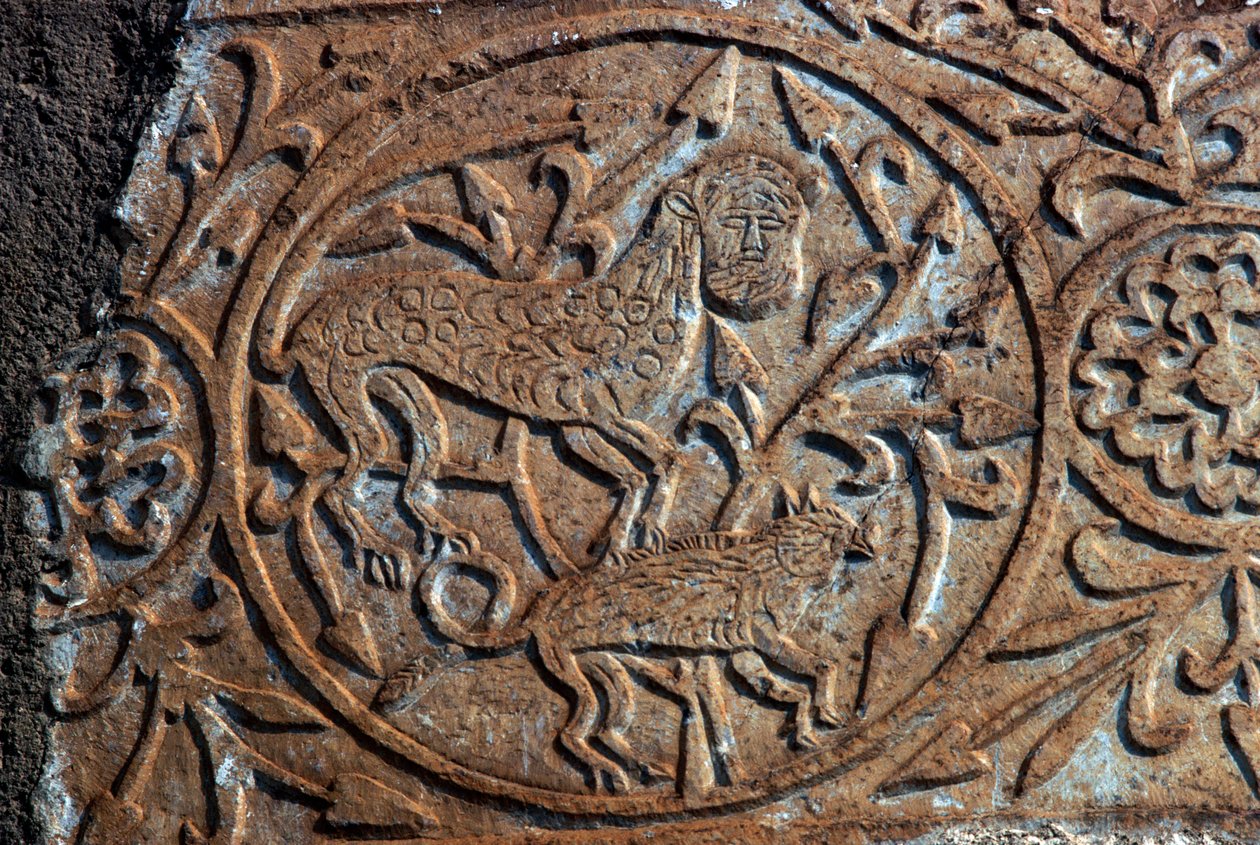 Kamenný reliéf zobrazující fantastická zvířata, kostel Nanebevzetí Panny Marie (Panagia Skripou), Orchomenus, Boiótie, Řecko, 9. století (foto) od Unbekannt Unbekannt