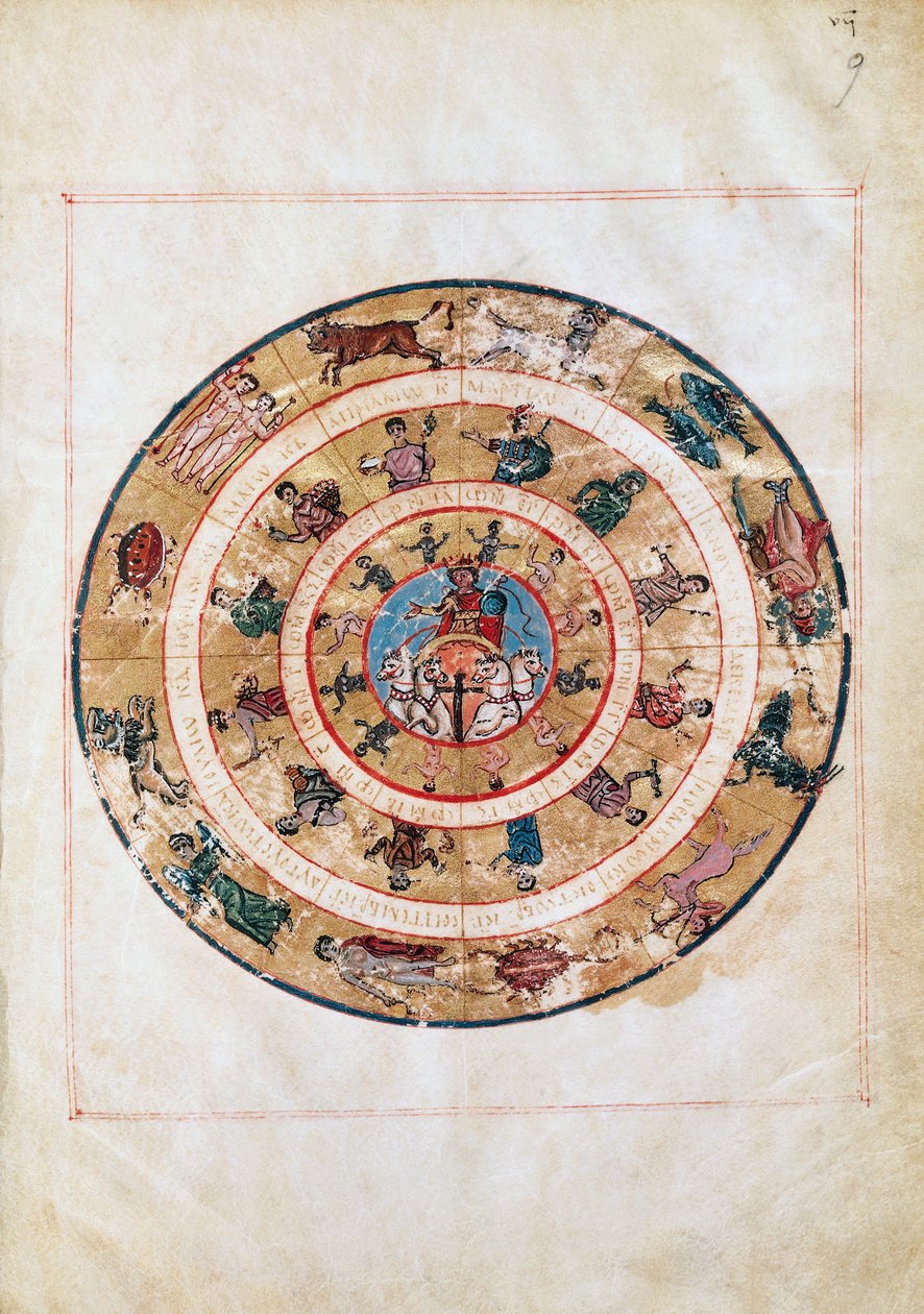 Sluneční vůz a znamení zvěrokruhu, miniatura z rukopisu raného středověku, astronomická tabulka Ptolemaia (asi 100-175), helénistická civilizace od Unbekannt Unbekannt