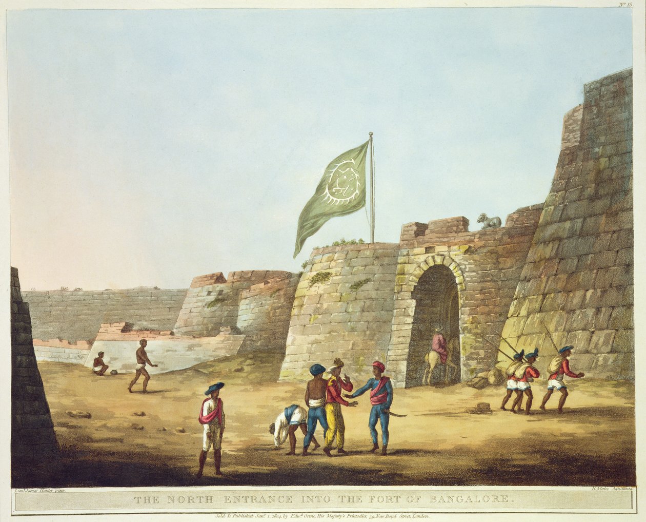 Severní vchod do pevnosti v Bangalore, deska 15 z knihy "Malebné scenérie v království Mysore", vyryl H. Merke, vydal Edward Orme (1774-1820) 1804 (akvatinta) od Lieutenant James Hunter