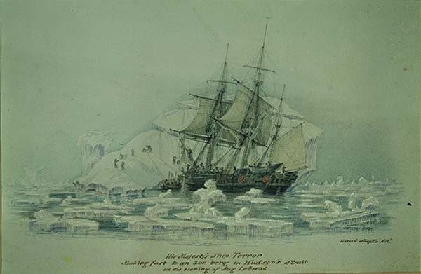 Příhody na obchodní cestě: HMS Terror se přiblížila k ledovci v Hudsonově průlivu, 18. srpna 1836 (čb na papíře) od Lieutenant Smyth